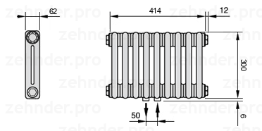 Схема (чертеж) Радиатор Zehnder Charleston 2030/9 №5410 Белый глянцевый RAL 9016